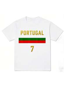 Camiseta deportiva con diseño estampado - Impresión 2D sin textura Portugal N.º 7 ¡Gloria en casa!, temática de fútbol, atuendo imprescindible para estudiantes aficionados - Negro - Ver 1