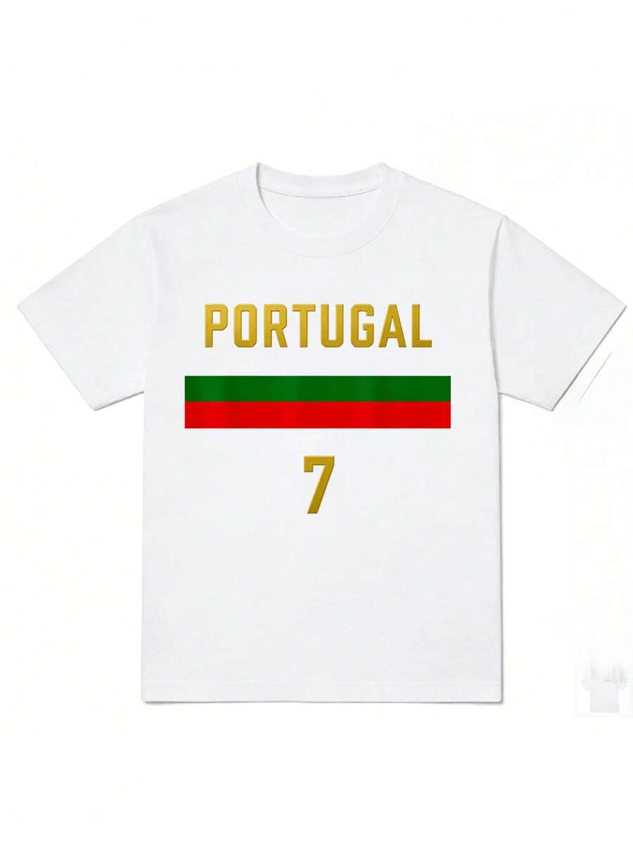 Camiseta deportiva con diseño estampado - Impresión 2D sin textura Portugal N.º 7 ¡Gloria en casa!, temática de fútbol, atuendo imprescindible para estudiantes aficionados - Negro - Ver 1