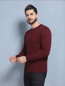 Men's Plain Wool Knit Sweater With Round Neck And Long Sleeves For Winter - Burgundy - View 5
