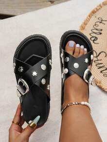 Sepatu Wanita Modis Warna Polos dengan Potongan Lebar, Sandal Gaya Punk dengan Gesper Paku Keling Logam, Sandal Selop Platform dengan Tali Silang Paku Keling Logam, Sandal Kasual Musim Panas - Hitam - View 2