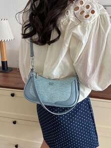 1 buah Tas Bahu Wanita Bahan PU Warna-Blok, Tas Serbaguna untuk Kerja dan Perjalanan, Tas Selempang dengan Tali yang Dapat Diatur - Dusty Blue - View 3
