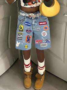 Quần short denim thêu họa tiết phong cách Y2K Streetwear thường ngày, quần short denim cạp trung, kiểu dáng gợi cảm cho mùa hè. - Rửa trung bình - Xem 2