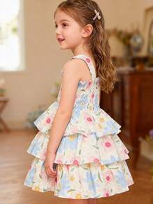 Girls' Spaghetti Strap Floral Print Cake Dress, Princess Dress, Refreshing Beach Holiday Dress - Apricot - View 2