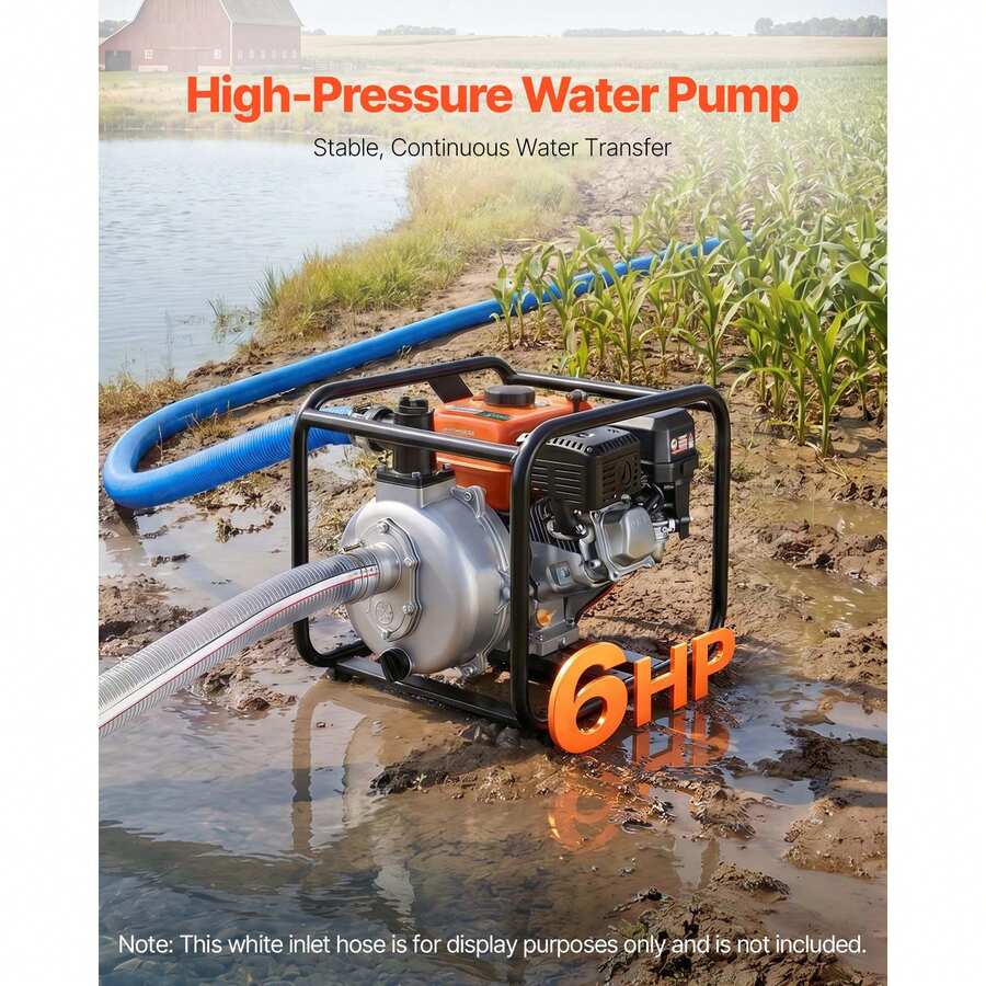 Gas Powered Water Pump, 2 In, 128 GPM 6HP Semi Trash Water Transfer Pump Portable, Gasoline Engine With 25 Ft Discharge Hose, Heavy Duty Frame, Cast Iron Impeller, For Irrigation, Ponds, Pools - Default - View 1