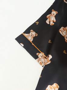 Set Piyama Celana Pendek Lengan Pendek Wanita Ukuran Plus Motif Beruang Hati - Hitam - View 3
