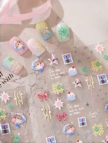 1pc 5D Sweet Cute Kitten Nail Art Stickers, Four-Leaf Clover & Bow Nail Decals, Self-Adhesive Nail Patches, Summer DIY Nail Art Accessories, Easy Nail Stickers, Best Nail Supplies For Girls And Women, Suitable For St. Patrick's Day And Cute Party Events - Multicolor - View 7
