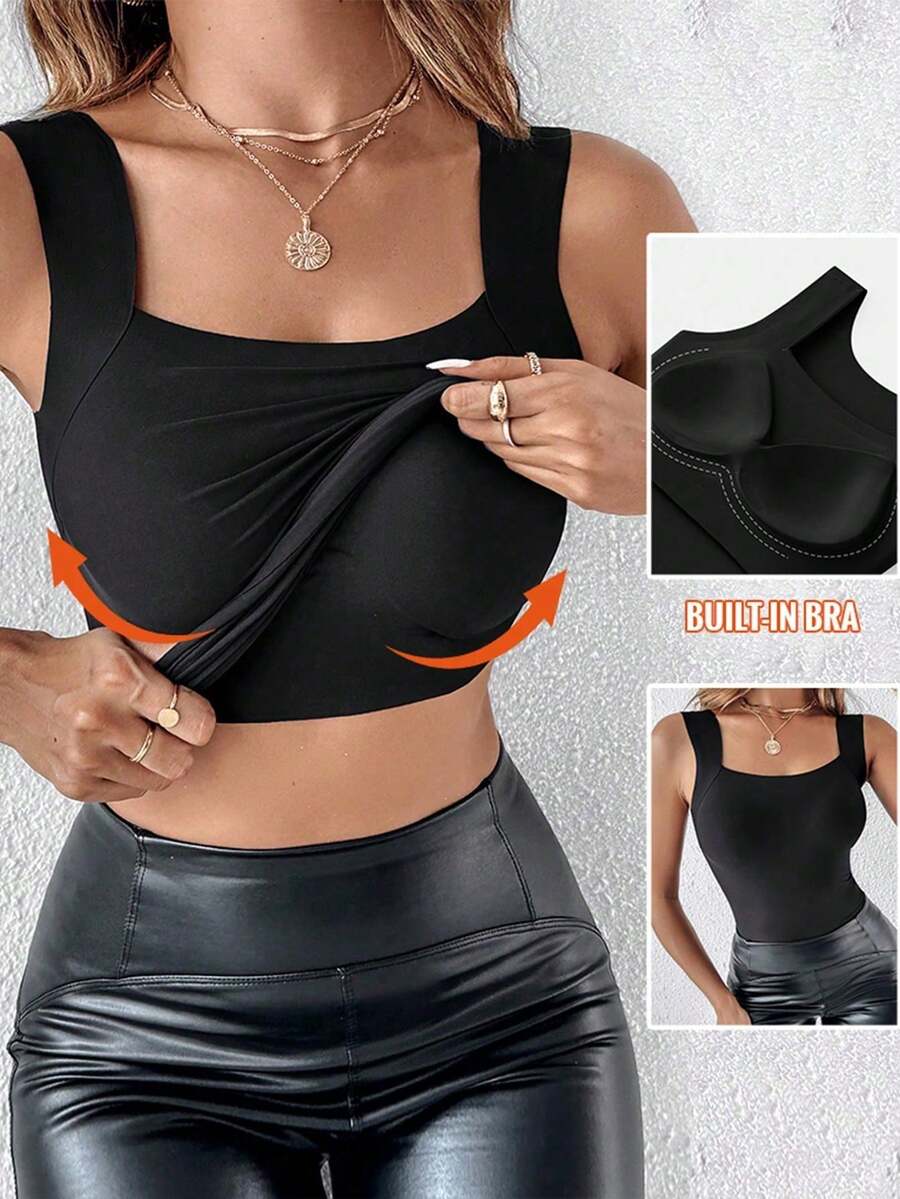 ChicMe Women's Built-In Padded U-Neck Sleeveless Seamless Fitted Camisole Sports Tank Top - Black - View 1