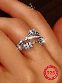 1pc Elegant Luxury Minimalist 925 Sterling Silver Synthetic Cubic Zirconia Geometric Movable Ball Open Ring, Women's Holiday, Banquet, Wedding, Party Gift - Silver - View 7