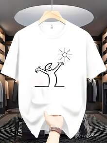 Camiseta para hombre con estampado de personaje divertido de estilo minimalista, negra, corte holgado, cuello redondo, manga corta, transpirable, ropa casual de calle, ropa masculina a la mo - Blanco - Ver 1