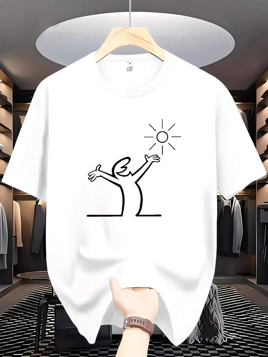 Camiseta para hombre con estampado de personaje divertido de estilo minimalista, negra, corte holgado, cuello redondo, manga corta, transpirable, ropa casual de calle, ropa masculina a la mo - Blanco - Ver 1