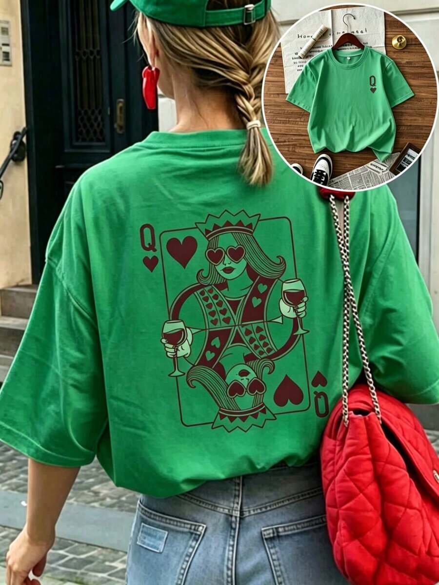 1 pieza Camiseta de mujer de manga corta y cuello redondo, suelta para el verano, con estampado temático de "Reina de Corazones" en vino tinto, adecuada para la oficina, salidas, uso diario, - Verde - Ver 1