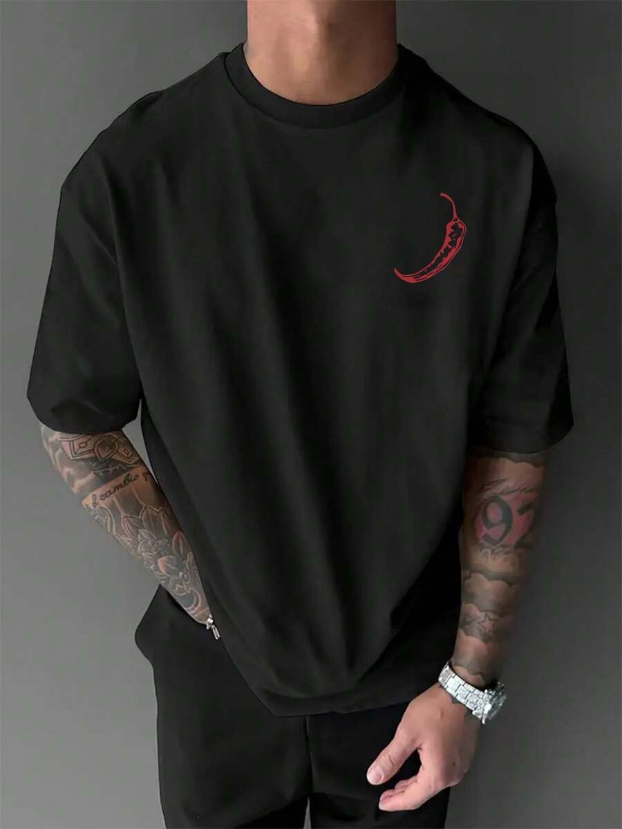 Camiseta de verano para hombre de diseño moderno y a la moda, talla, con hombros caídos y estampado de chiles, ropa casual cómoda de manga corta para hombre, estilo versátil para el d - Negro - Ver 1