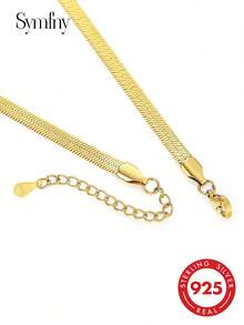 SYMFNY 1pc 925 Sterling Silver Minimalist 3mm Flat Snake Chain Necklace, Jewelry Gift Suitable For Men And Women For Daily Wear - Yellow Gold - View 3