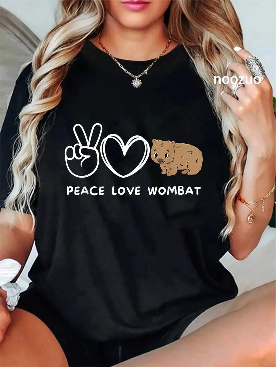 Camiseta Unisex 100% Algodón con Diseño Retro de Wombat, Paz y Amor, para Amantes de Animales, Estilo Casual H7HL - Negro - Ver 1