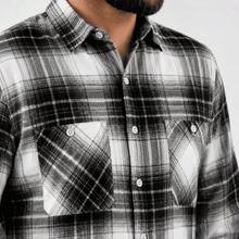 Men's Long-Sleeved Flannel Plaid Shirt - Đen và trắng - Xem 4