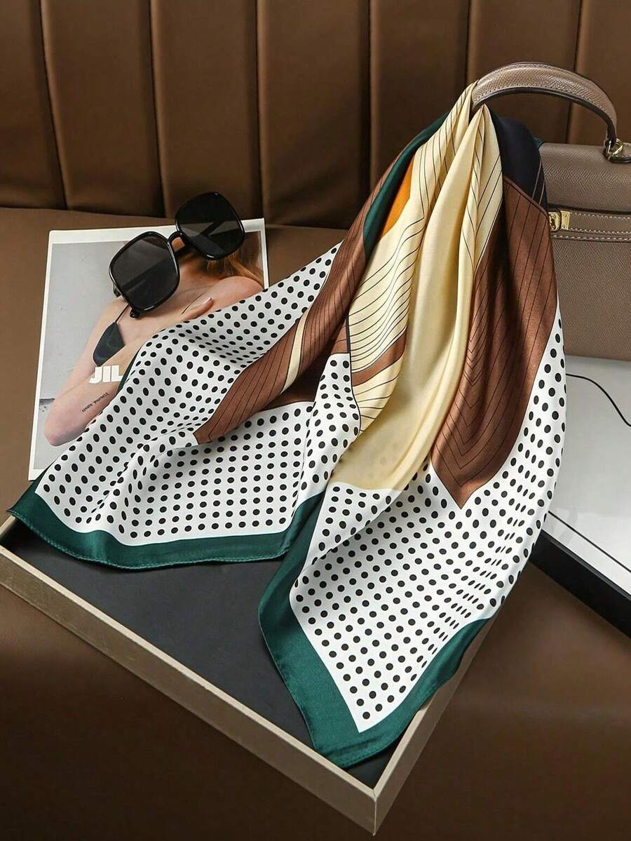 1件 70英吋輕奢幾何線條波點拼色小方巾,極簡時尚優雅百搭女款仿絲緞面圍巾 - 彩色 - 查看 1