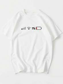 Short-Sleeved T-Shirt With A Humorous And Creative Low Battery Print, An Easy And Comfortable Unisex Top - [白色的] - 查看 1