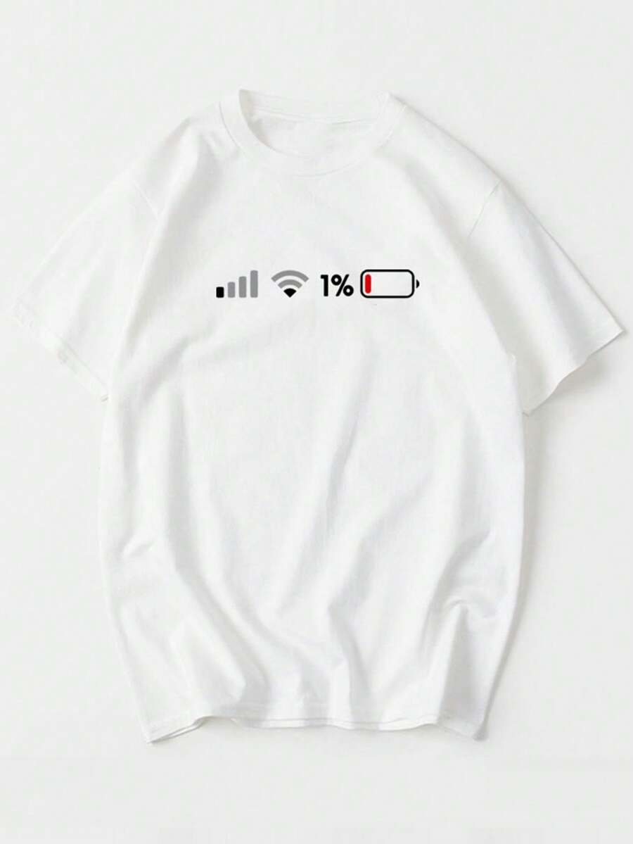 Short-Sleeved T-Shirt With A Humorous And Creative Low Battery Print, An Easy And Comfortable Unisex Top - [白色的] - 查看 1