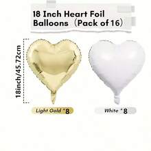 16pcs 18 Inch White & Gold Aluminum Foil Heart Balloons, Birthday Valentine's Day Wedding Party Decoration Balloons, Self-Sealing Without Ribbon - View 6
