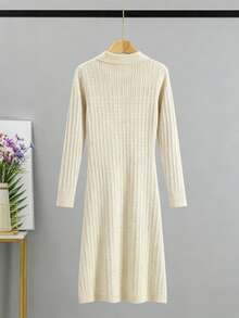 GIGOGOU Autumn Winter Women Polo Collar Ruffle Pearl Button Cable Knit Sweater Dress Long Sleeve Midi Rib Dress Outfit Soft Cozy Fall - Apricot - View 5