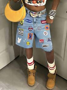 Quần short denim thêu họa tiết phong cách Y2K Streetwear thường ngày, quần short denim cạp trung, kiểu dáng gợi cảm cho mùa hè. - Rửa trung bình - Xem 6