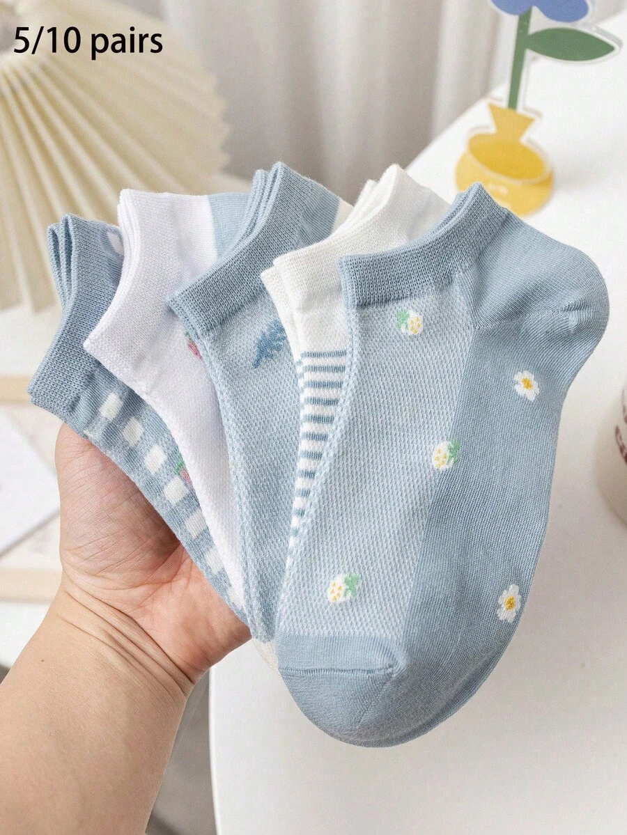5/10 par jordgubbsmönstrade damsockor, andningsbara och svettabsorberande korta mesh-sockor för alla säsonger, moderiktiga - Multifärgad - Visa 1