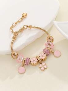1pc Luxury Gold Powder Cherry Blossom Four-Leaf Clover Beaded Bracelet With Heart Hollow Bead And Pink Crystal Round Pendant, Lucky Gift Bangle - Multicolor - View 1