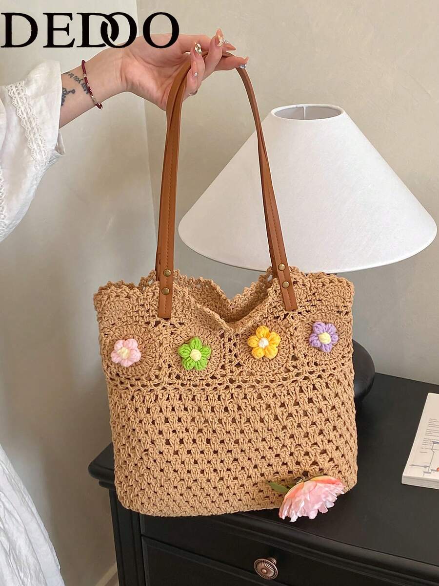 Dedoo Women's Handmade Woven Granny Square Colorblock Large Capacity Tote Bag