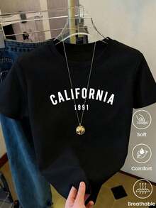 Playera Negra Mujer con Letras California 1991 – Camiseta Cómoda y Transpirable de Moda Casual y Estilo Urbano - Negro - Ver 1