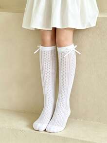 1 Pair Girls' Thin Bowknot Crew Socks, White Mesh Long Socks, Suitable For Dresses, Spring/Summer - White - View 3