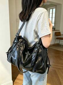 Fashionable Textured Large Capacity Tote Bag, Commuter Shoulder Crossbody Women's Bag, Suitable For Outings, Shopping, Travel, Commuting - Black - View 3