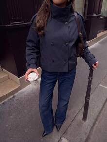 秋冬新款女款素色前扣口袋腰帶休閒優雅通勤街頭風風衣外套 - 藏蓝色 - 查看 5
