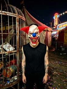 1pc Halloween Scary Clown Mask Latex Head Cover Red Hair Split Mouth Clown Cosplay Haunted House Escape Room Prop - View 6