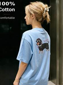 2026 Summer Women's Customized Pure Cotton Light Blue T-Shirt, Left Chest Cup-Holding Dog, Back Fashion Glasses Dachshund Dog, Red Lettering, Casual Style - Light Blue - View 11