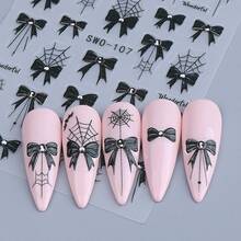 2 feuilles d'autocollants pour ongles gothiques d'Halloween, corbeau en relief 5D, crâne, rose, toile d'araignée & nœud, décalcomanies d'art pour ongles, décoration de manucure DIY pour femmes & filles - Noir - Voir 9
