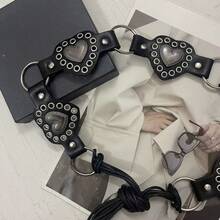 1pc PU Material Mirror Disc Rivet Lace-Up Waist Belt - Black - View 4
