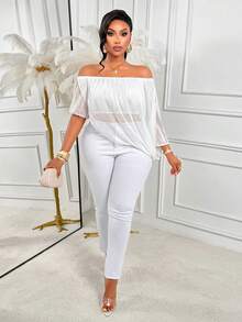 AIJ Amarilo Plus Size Women White Off-Shoulder Short Sleeve Semi-Sheer Asymmetric Chiffon Top Summer - White - View 5