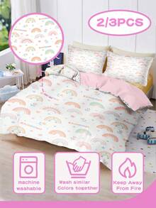 2/3PCS Vỏ chăn in cầu vồng trắng+1/2 vỏ gối đồng bộ, bộ chăn ga gối trẻ em phong cách Kawaii Hàn Quốc bằng polyester có khóa kéo, mềm mại và có thể giặt được, phù hợp cho phòng ngủ trẻ em và quà tặng sinh nhật, phù hợp cho tất cả các mùa - Nhiều màu - Xem 4