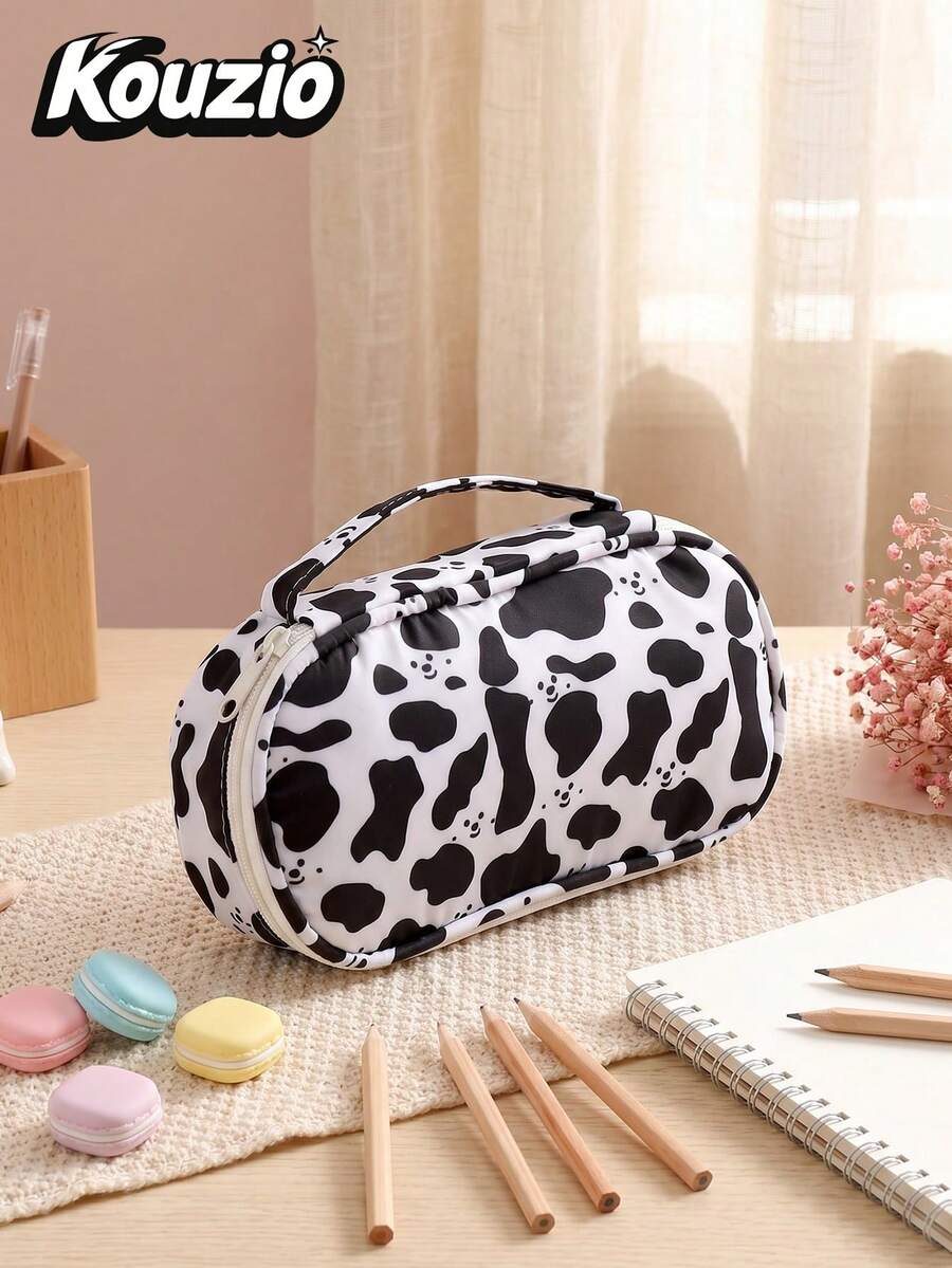 1pc Cow Print Handheld Pencil Case, Large Capacity Portable Multi-Functional Pen Bag, Versatile Stationery Organizer For School Supplies, Daily Cosmetic Makeup Storage Pouch For Girls & Students, Ideal Back To School & Holiday Gift - Multiple Colors - One Size Fits All - View 1