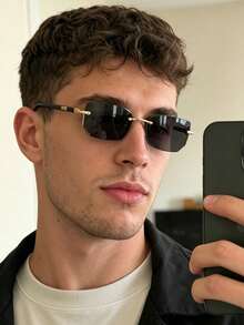 1件無框方形男士時尚眼鏡，夏季戶外度假海灘配件，INS街頭風個性化眼鏡，男士開車眼鏡，復古無框金屬眼鏡 - 黑色 - 查看 1