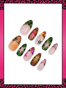 24pcs Medium Almond Shaped Press-On Nails, Y2K Hot Girl Style Green Camouflage, Black Orange Pink Tiger Stripe French Tip, Pink Purple Star With Silver Steel Ball Decoration, Suitable For Women And Girls DIY Daily And Party Wear In Summer - Multicolor - View 3