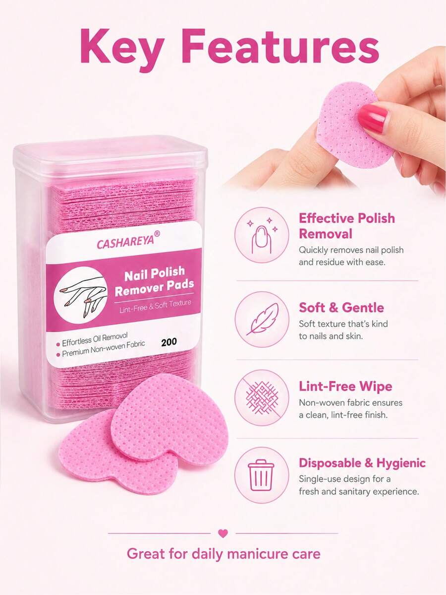 1 Box 200pcs/Heart-Shaped Nail Wipes, Heart-Shaped Nail Degreasing Wipes, Non-Damaging Nail Cleaning Cotton Pads, Soft Lint-Free Nail Removal Wipes, Disposable Wipes For Nail Salons, Heart-Shaped Nail Removal Cotton Pads, Non-Woven Soft Nail Cleaning Care Cotton Pads, Portable Nail Salon Wipes, Gift
