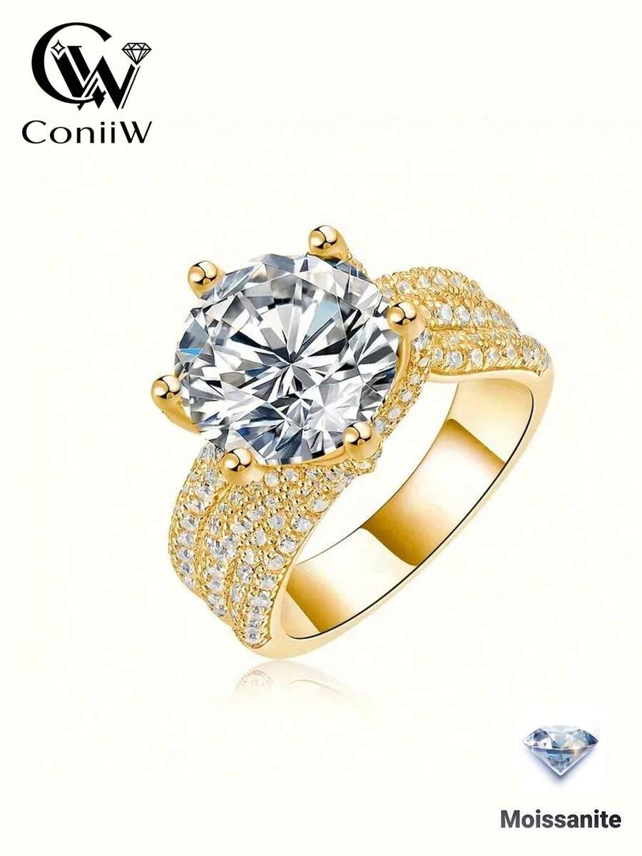 ConiiW A Classic Six-Prong 925 Sterling Silver Round Moissanite Ring, Unisex In European And American Style, Suitable As A Party Gift.