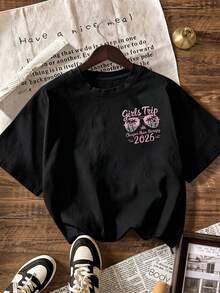 2026 女孩旅行前后印花T恤，棕榈树太阳镜海滩度假风，适合夏季假期，女士纯色短袖休闲上衣，圆领设计，双面印花黑色 - 黑色 - 查看 3