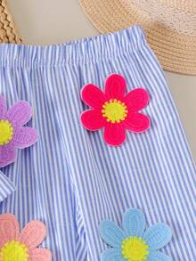 2pcs Baby Girls Cute Colorful Floral Decor Spaghetti Strap Ruffle Hem Top And Matching Elastic Waist Wide Leg Pants Set, Summer - Blue and White - View 5