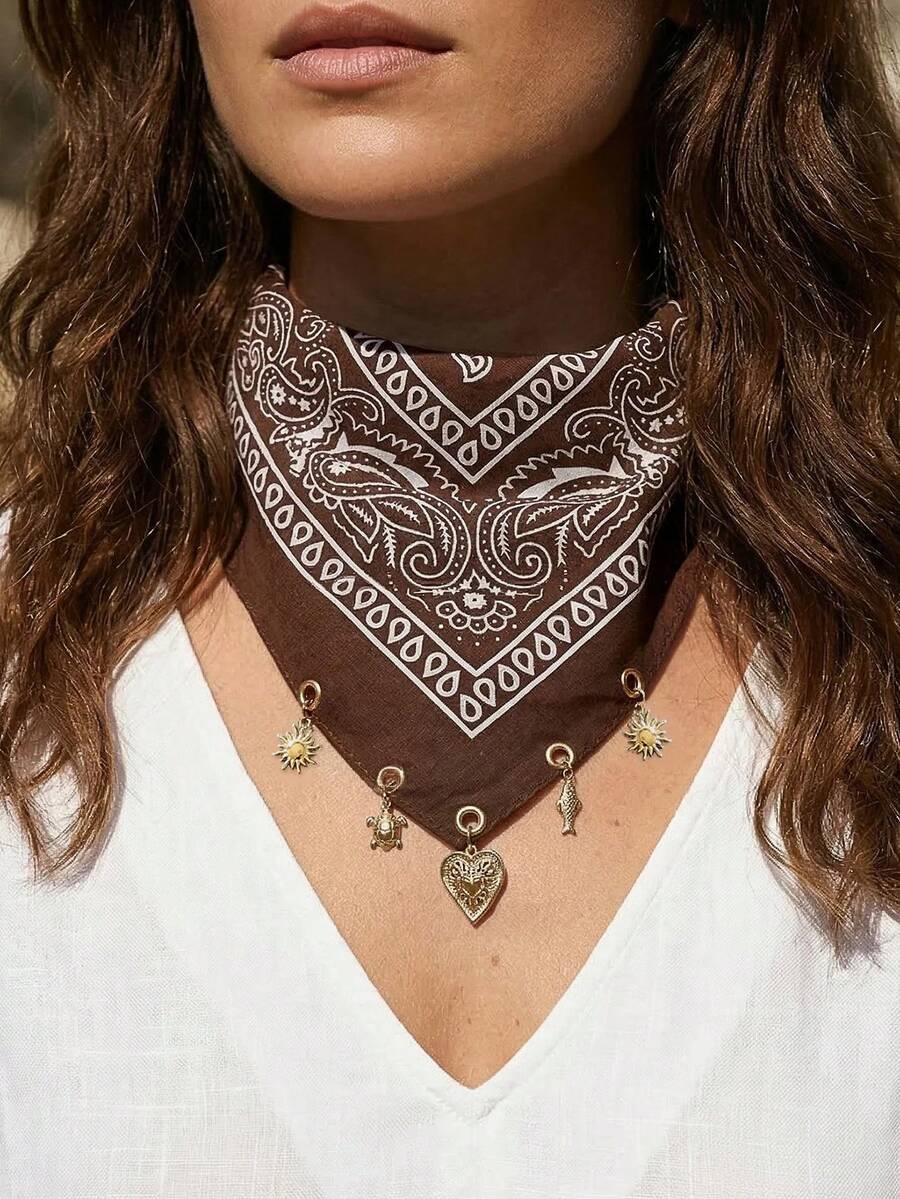 1pc Summer Women's Fashion Paisley Print Pattern Headscarf Square Scarf, With Sun Tropical Fish Sea Turtle Heart Pendant Decoration, Suitable For Beach Seaside Daily Versatile - Brown - View 1