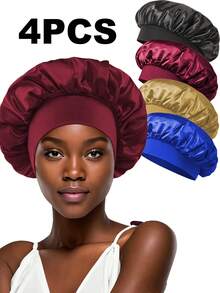 CONFLASS 4pcs/Set Women's Solid Color Wide Band Elastic Silky Satin Sleep Cap, Casual Comfortable Fashion Hair Care Sleep Cap - Multicolor - View 15