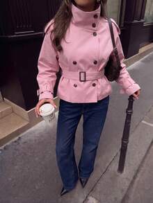 女款素色前扣口袋腰帶式風衣外套，優雅通勤街頭風，秋冬新款 - 西瓜粉 - 查看 5