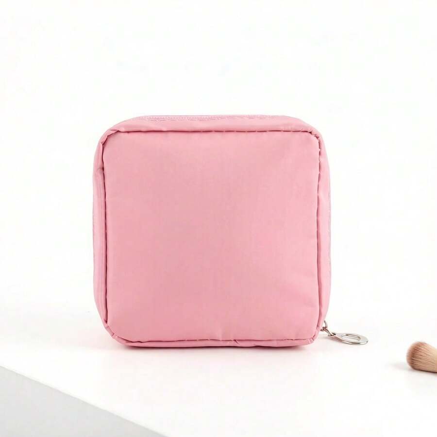 1pc Girls' Pink Solid Color Portable Makeup Bag, Compact Yet Large Capacity, Student Travel & Daily Life Organizer