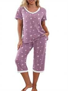 Conjunto de pijama Capri para mujer con top de manga corta con cuello en V y pantalones cortos con bolsillos. - Morado - Ver 3
